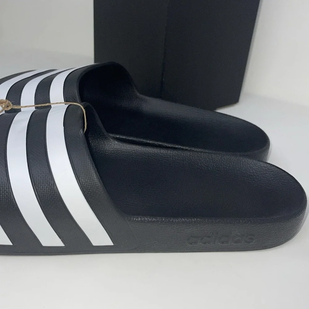 Adidas Men's Size 13 Women 14 Slides Black White 3 Stripes Adilette Aqua Slip On